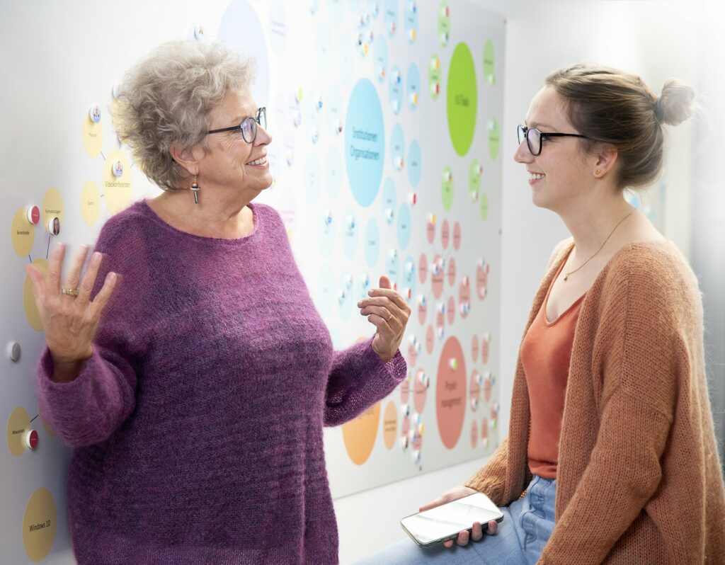 Zwei Projektkoordinatorinnen im Gespräch vor einer Wand, die mit Wissensgebieten beschriftet ist.