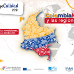 El gráfico anuncia ExpoCalidad2021 con el título de ColombiaMide y las regiones - Confianza en tus mediciones, calidad en tus productos. Muestra un mapa del mundo destacando Colombia en los colores de la bandera nacional colombiana y con frutos de cacao y aguacate Hass.